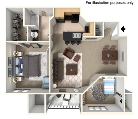 Floor plan for 1 bed, 1 bath, 885 sqft